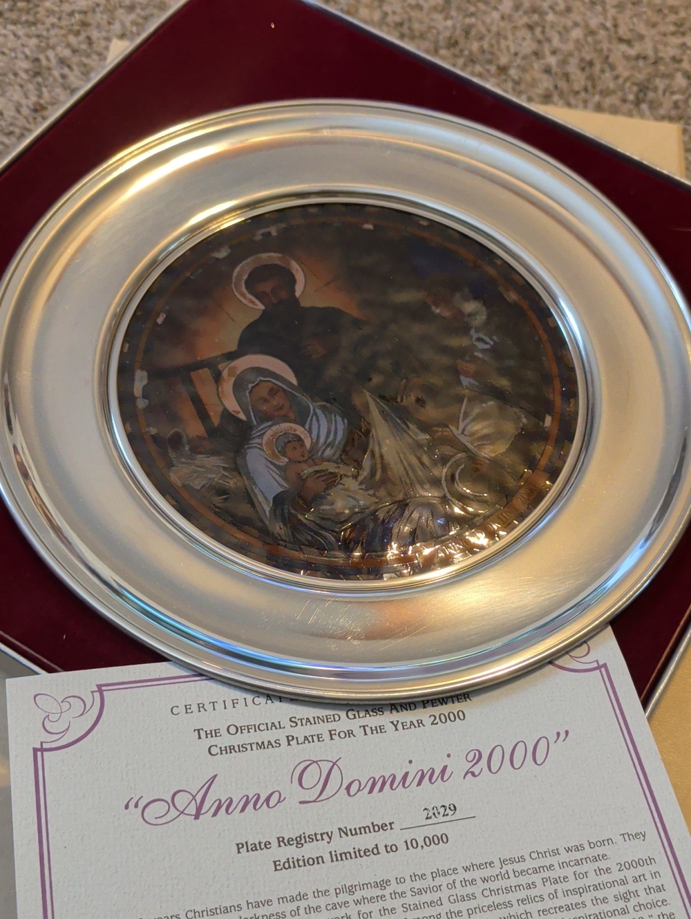 Anno Domini 2000 Silver Christmas Plate - Stained Glass Artwork